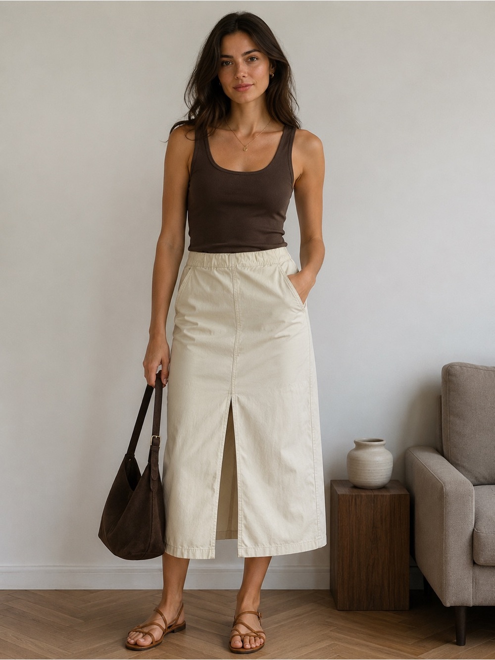 Classic Cream Midi Skirt with Front Slit
